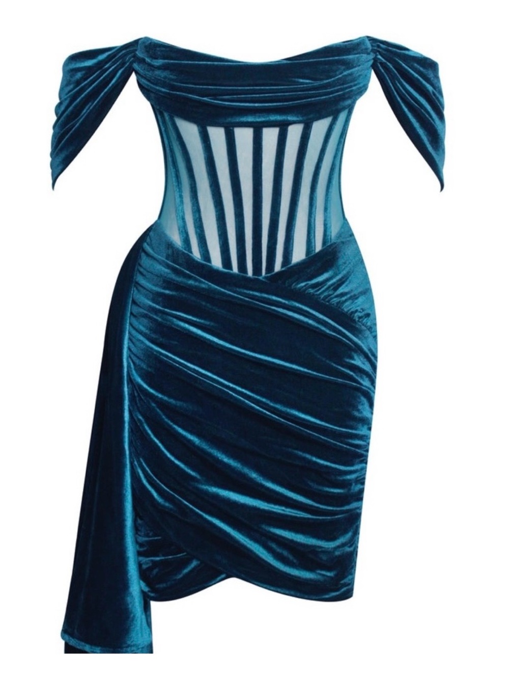 One-Shoulder Teal Velvet Corset Dress